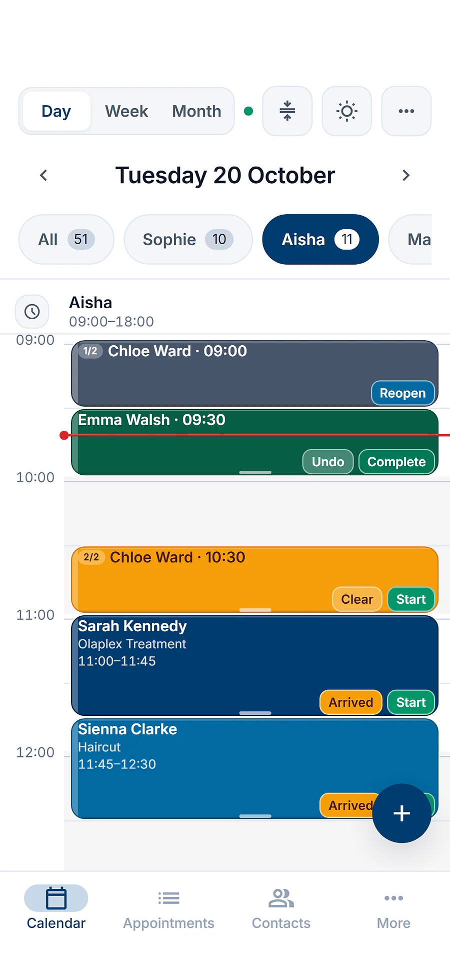 The ResNeo app's calendar on Tuesday 20 October: Aisha's day, with Emma Walsh's haircut under way and Chloe Ward back at 10:30 for her toner