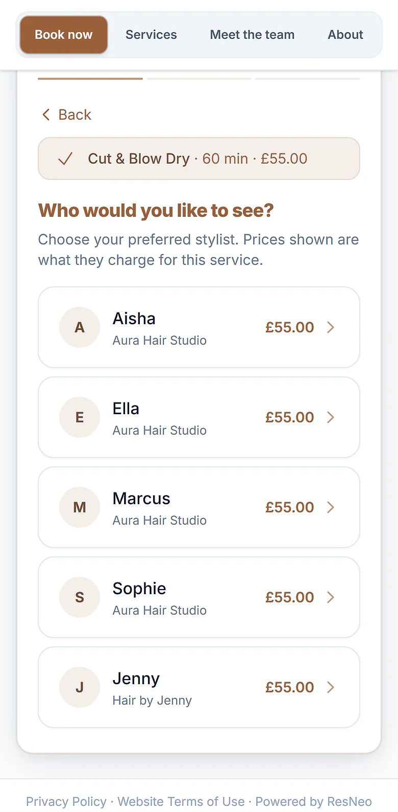 One booking page listing Aisha, Ella, Marcus and Sophie from Aura Hair Studio, and Jenny from Hair by Jenny
