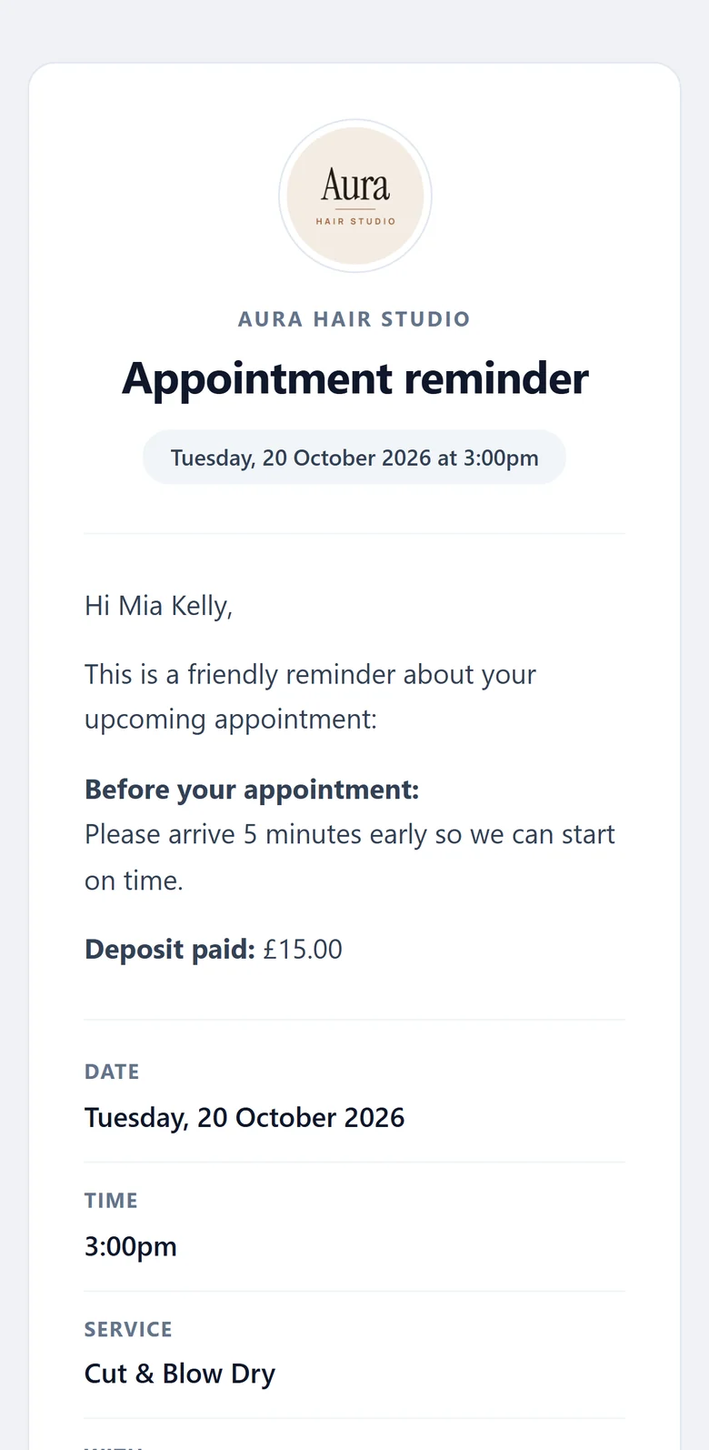 The appointment reminder email from Aura Hair Studio